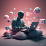 Faceless content creator working on a laptop, surrounded by digital icons and social media elements