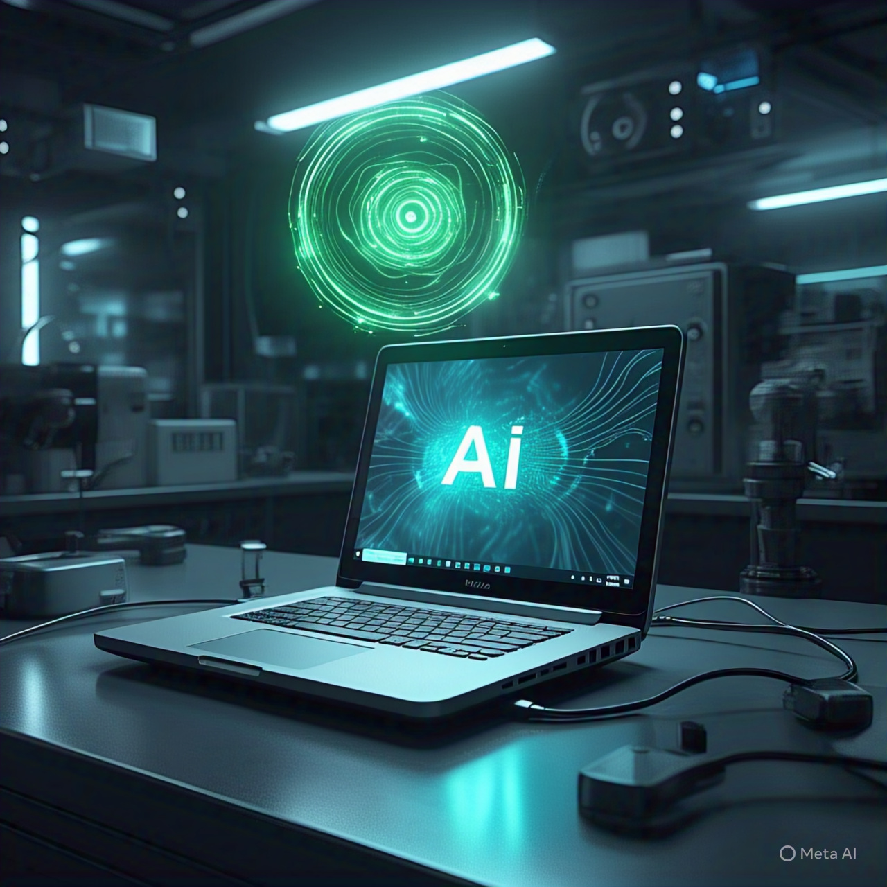 A futuristic laptop with glowing "AI" hologram, representing the impact of generative AI on content creation and digital marketing in 2025.