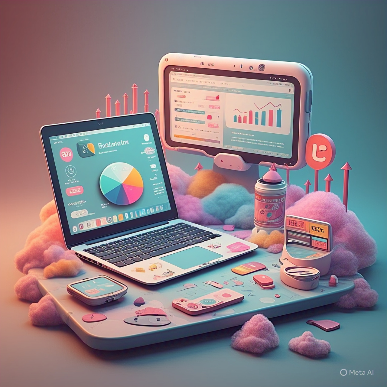 SEO Content Optimization 2025: Trends, Strategies & Pro Tips Modern digital workspace with laptop, smartphone, and tablet showing SEO, social media, and analytics icons, with upward trending graphs and arrows representing content optimization and growth.