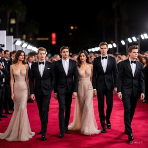 Hyperrealistic image of diverse fictional celebrities alone or contemplative on a Hollywood red carpet at night after breakups