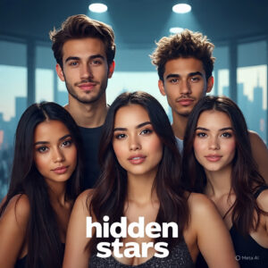 Five diverse young American celebrities in trendy fashion posing backstage at a 2025 event, ready to become the next viral stars.