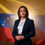 Portrait of María Corina Machado, 2025 Nobel Peace Prize winner, in formal attire with a Venezuelan flag backdrop, symbolizing hope and democratic resilience.