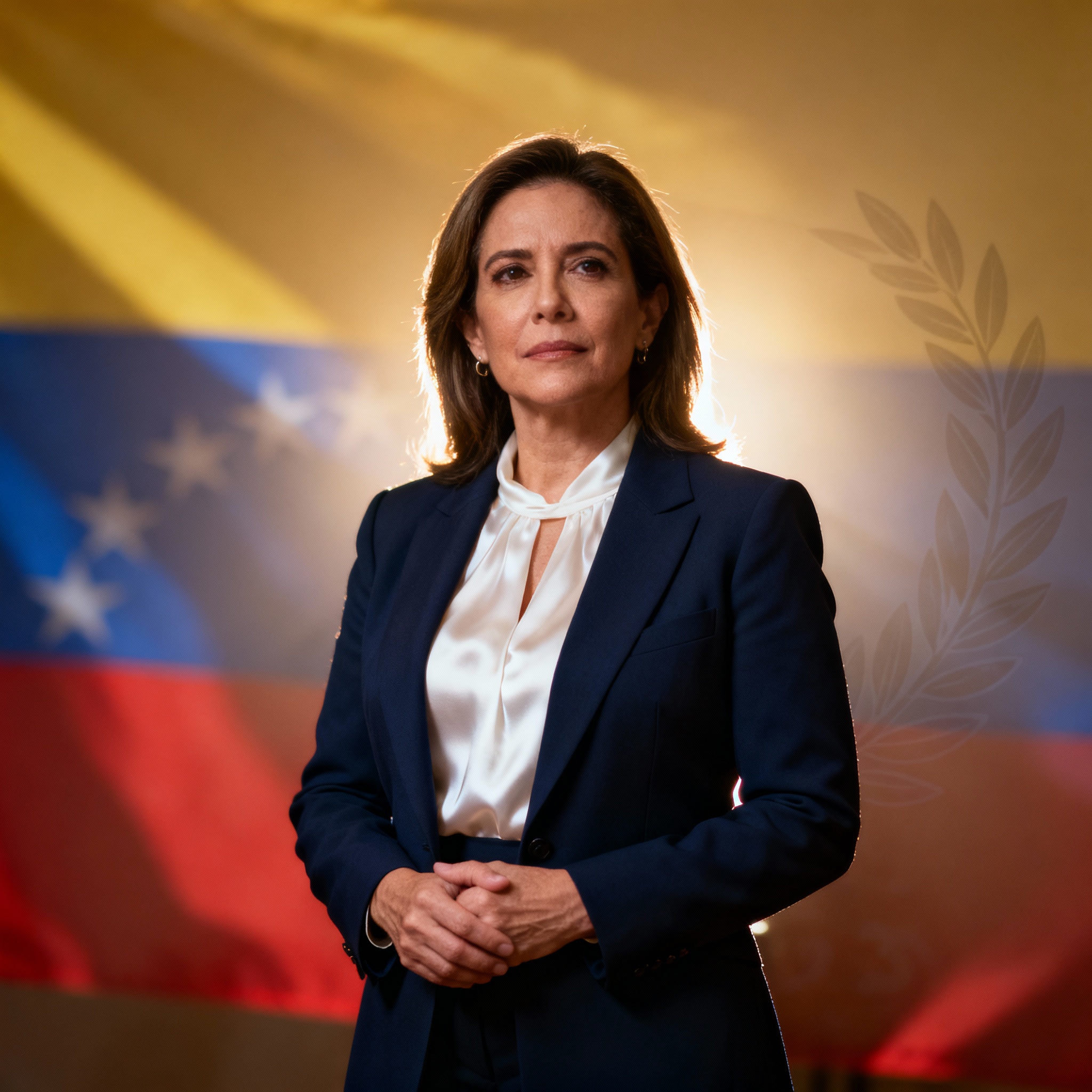 Portrait of María Corina Machado, 2025 Nobel Peace Prize winner, in formal attire with a Venezuelan flag backdrop, symbolizing hope and democratic resilience.